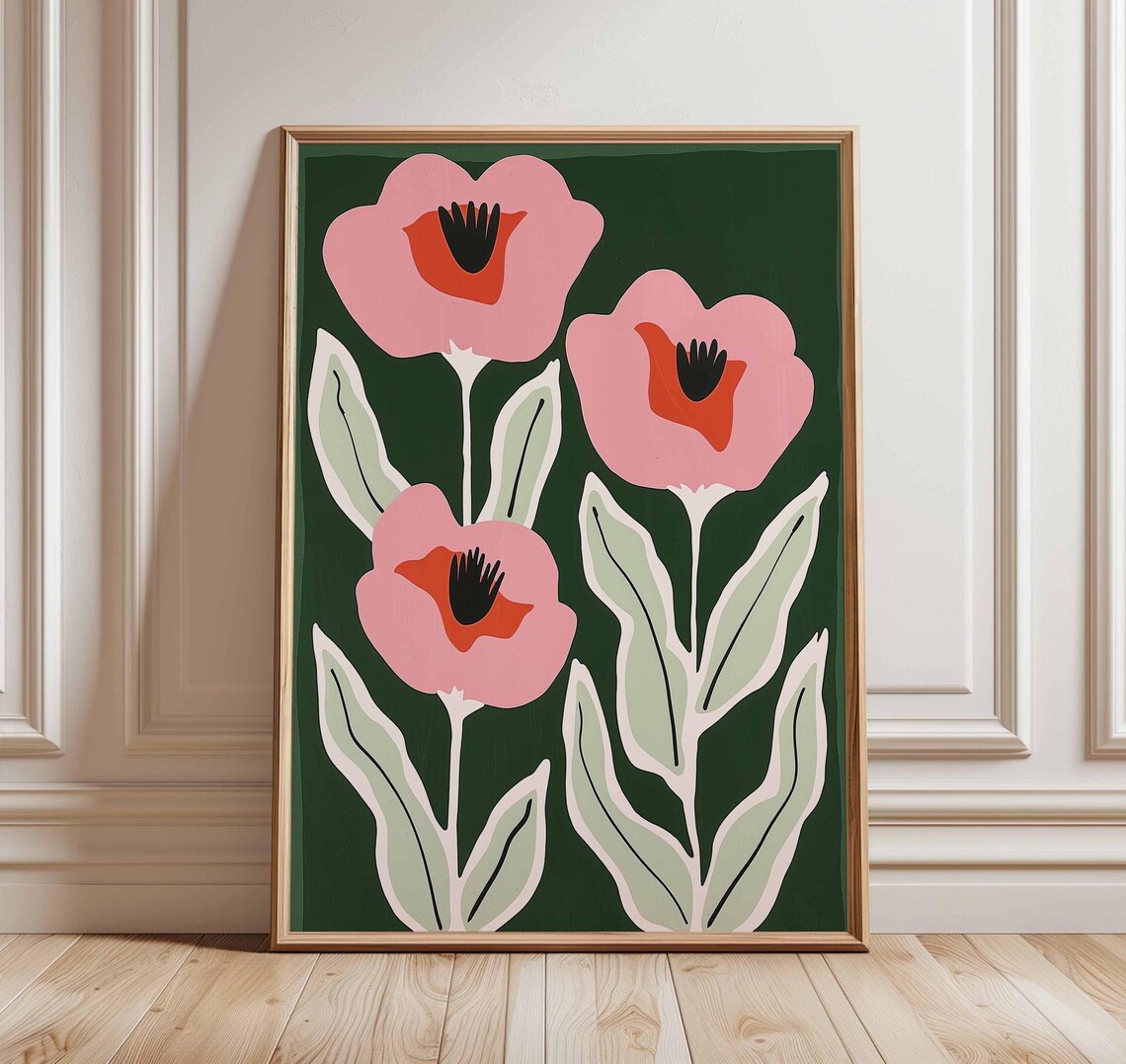 Pink Poppy Flowers Minimalist Scandinavian Botanical Art Print