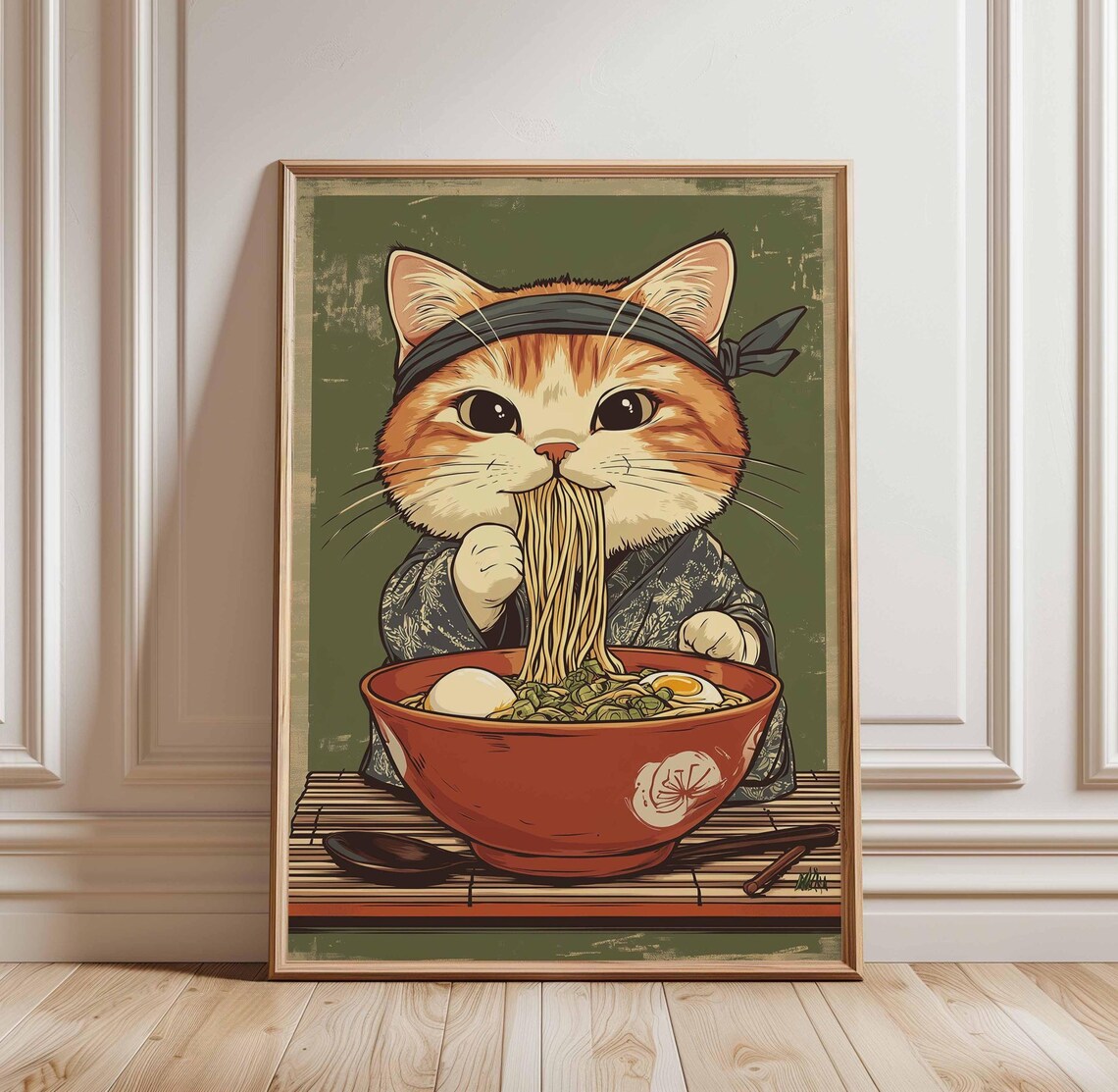 Ginger Tabby Cat Eating Ramen Bowl Vintage Japanese Style Poster