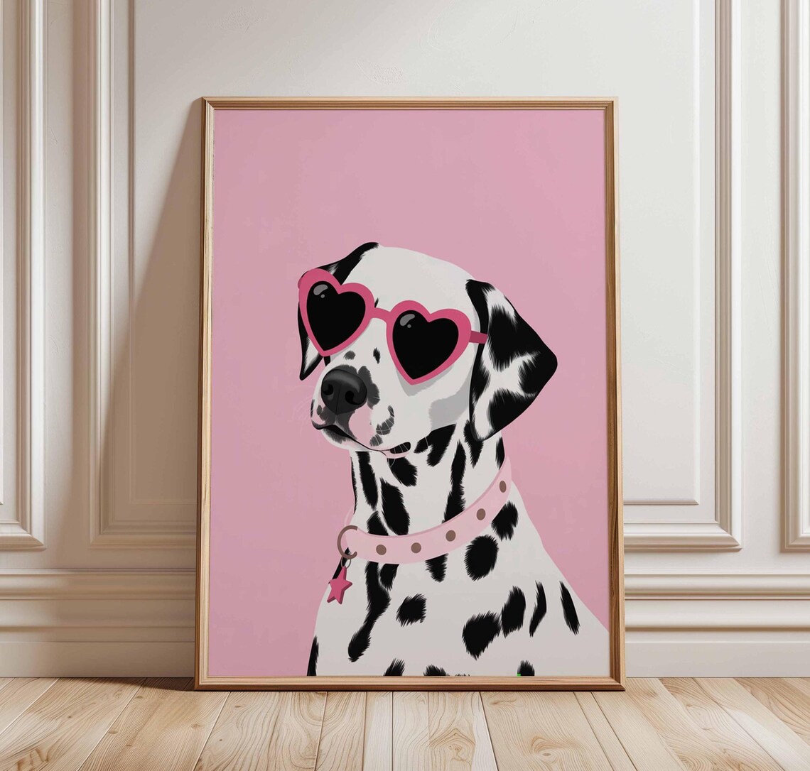 Dalmatian Dog With Pink Heart Sunglasses Cute Stylish Art Poster