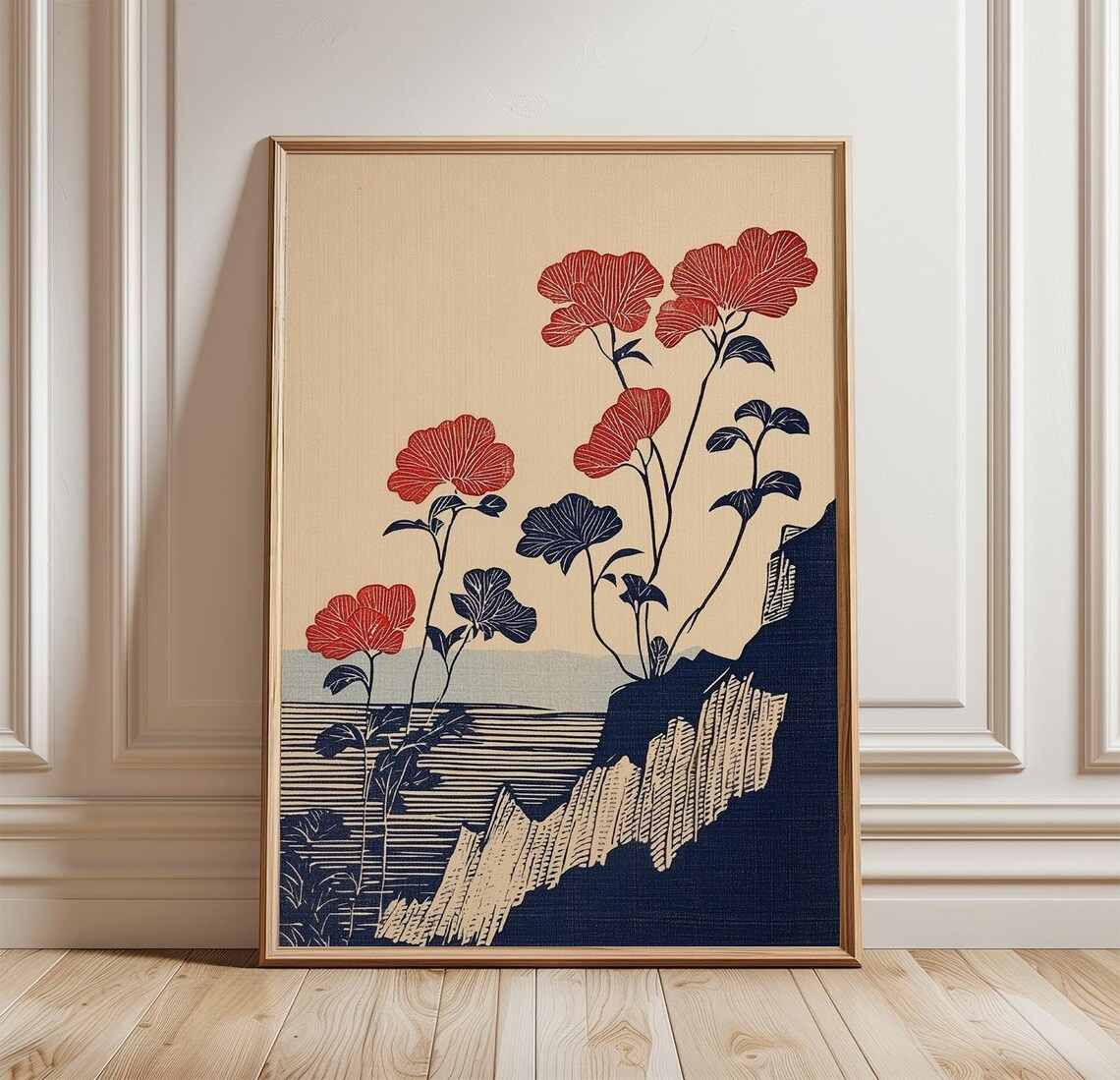 Japanese Woodblock Red Poppies Dark Cliff Sea Waves Art Poster