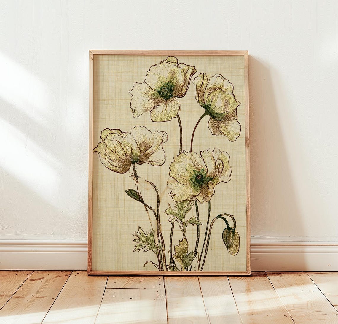 Neutral Poppy Print Vintage Botanical Wall Art Risograph Poster