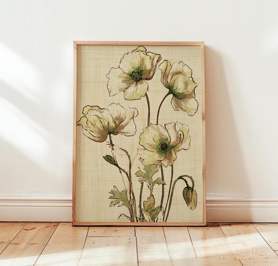 Neutral Poppy Print Vintage Botanical Wall Art Risograph Poster