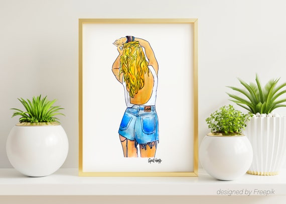 Blonde Girl Watercolor Print Summer Wall Art Fashion Illustration Personalized Art Blue Jeans Drawing Watercolor Painting Bff Gift