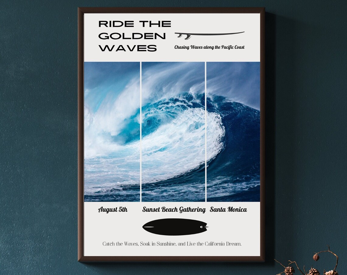 Ride the Golden Waves Santa Monica Sunset Beach Surf Art Poster