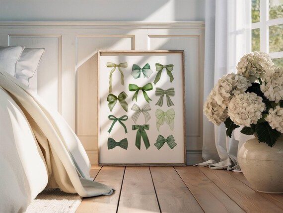 Sage Green Ribbon Bows Coquette Girly Nursery Wall Decor Print