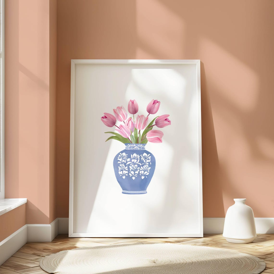 Pink Tulips In Blue Chinoiserie Vase Sunlit Watercolor Poster