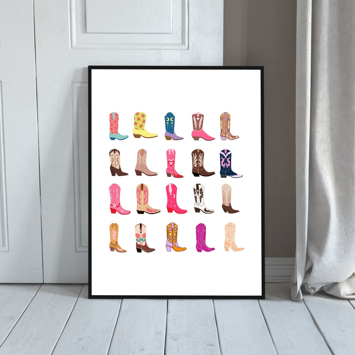 Colorful Cowgirl Boots Grid Preppy Western Rodeo Girl Bedroom Poster