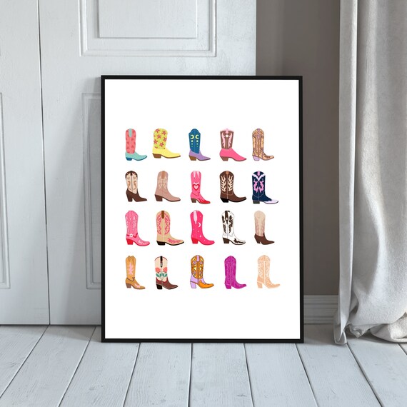 Cowgirl Boots Set Print Preppy Wall Poster Trendy Art Western Bedroom Decor Rodeo Girl Colourful Shoes