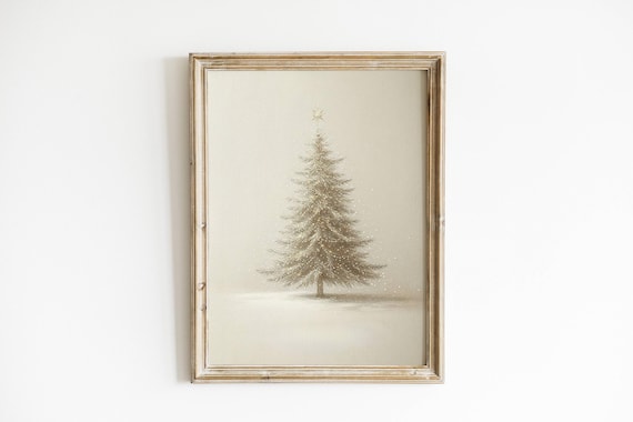 Minimalist Snowy Christmas Tree Vintage Style Neutral Winter Holiday Poster