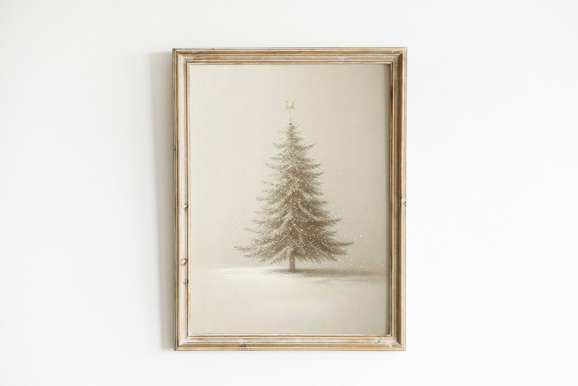 Minimalist Snowy Christmas Tree Vintage Style Neutral Winter Holiday Poster