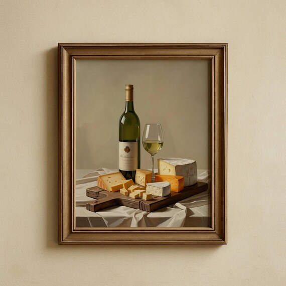 White Wine and Cheese Board Still Life Farmhouse Kitchen Print