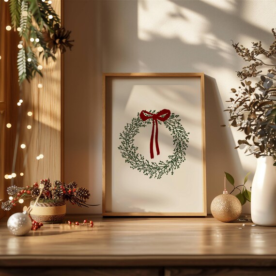 Minimalist Green Christmas Wreath with Red Velvet Bow Holiday Art Print