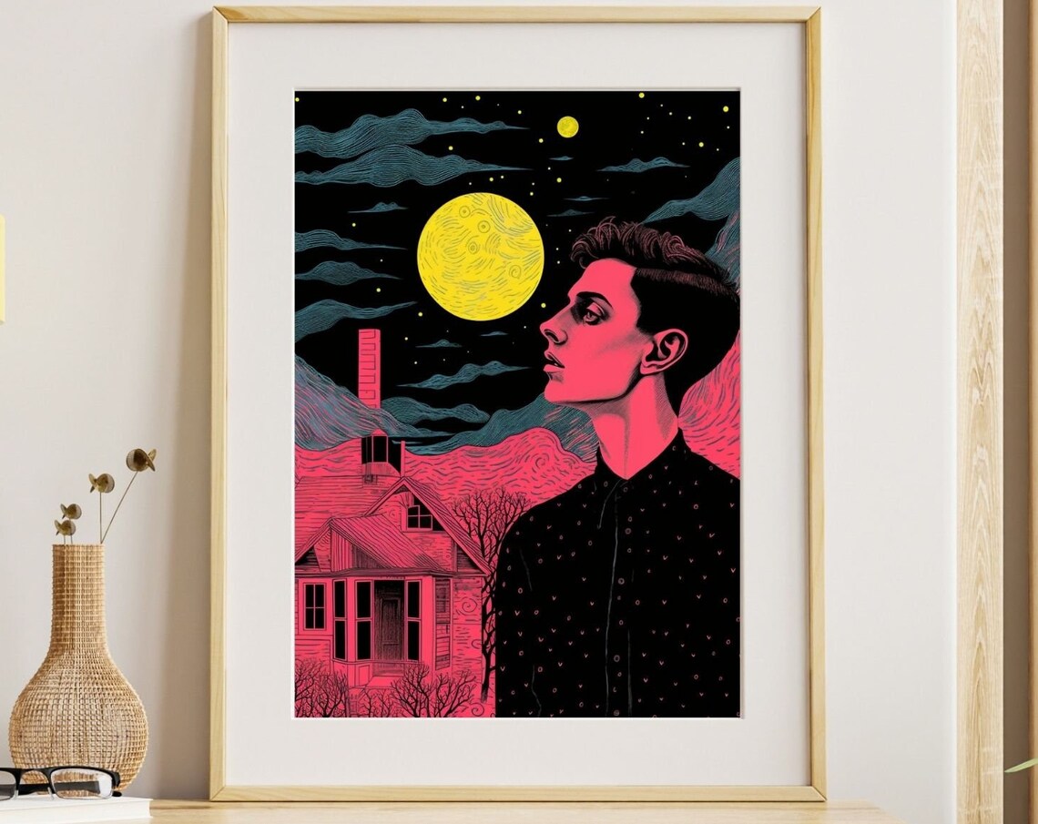 Yellow Moon Night Portrait Man Pink Sky House Surreal Art Poster