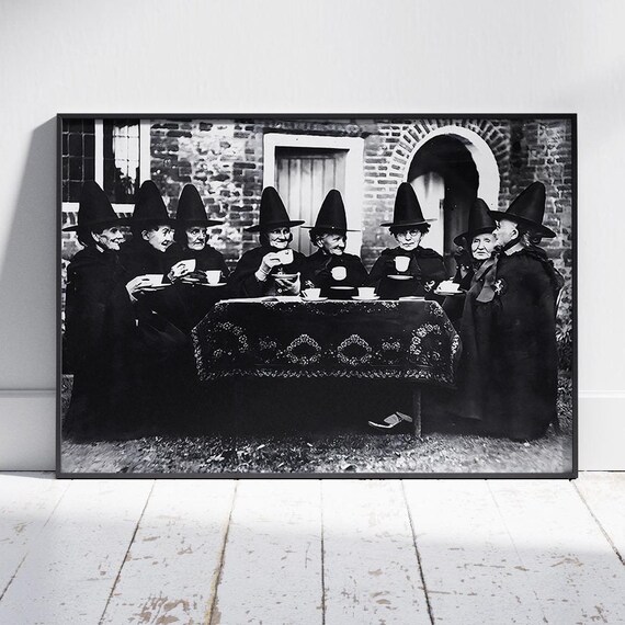 Witches Having Tea Party Vintage Black And White Halloween Photo Poster