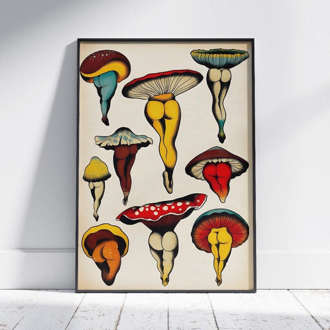 Funny Mushroom Booties Retro Kitchen Art Print
