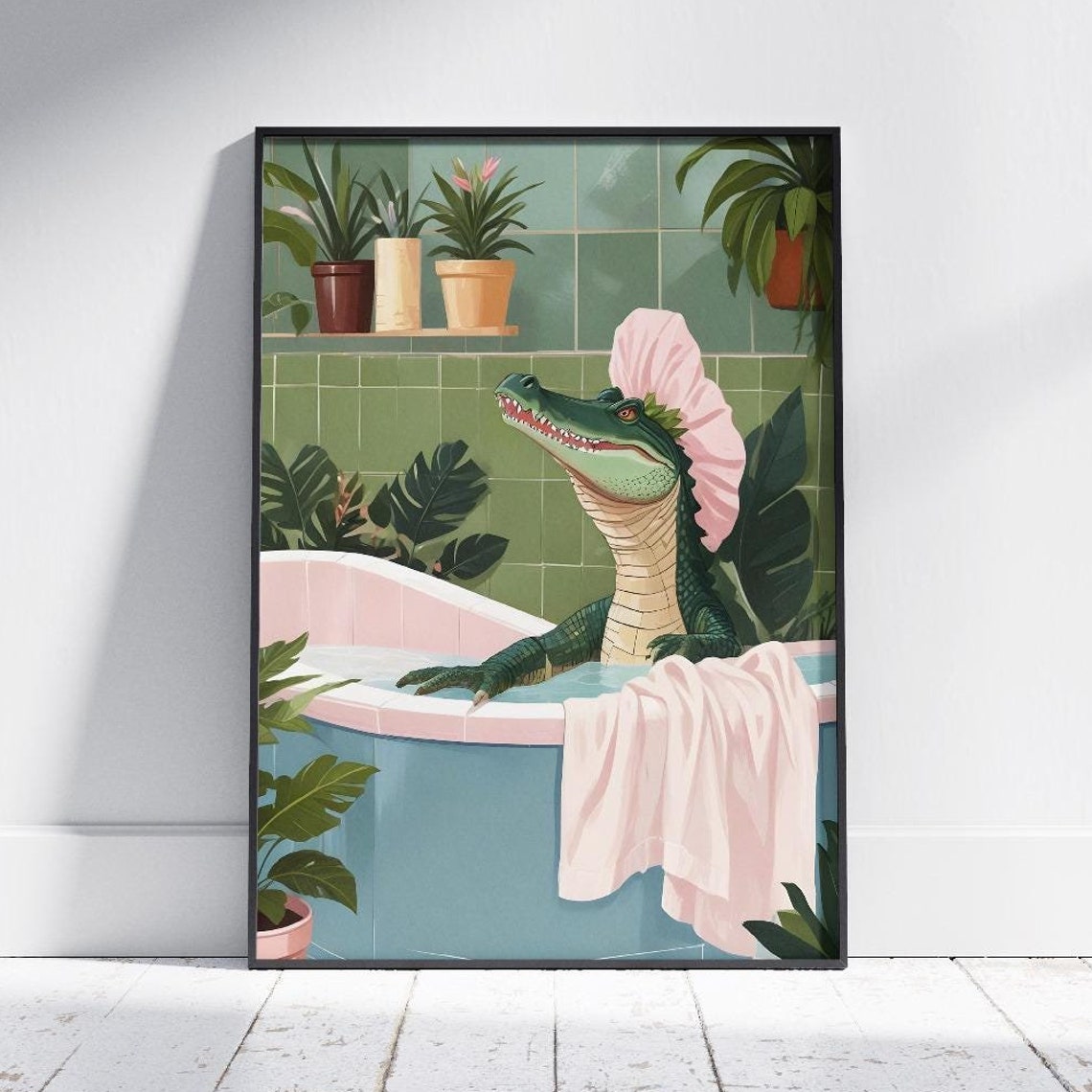 Funny Alligator Relaxing In Pink Bathtub With Shower Cap Humor Poster