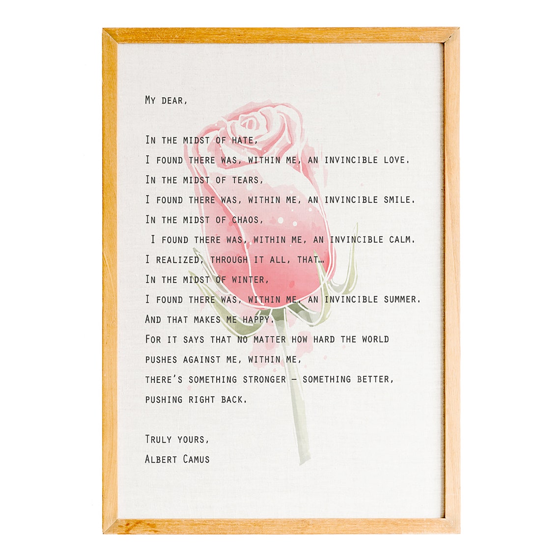 Albert Camus Invincible Summer Quote Pink Rose Floral Poster