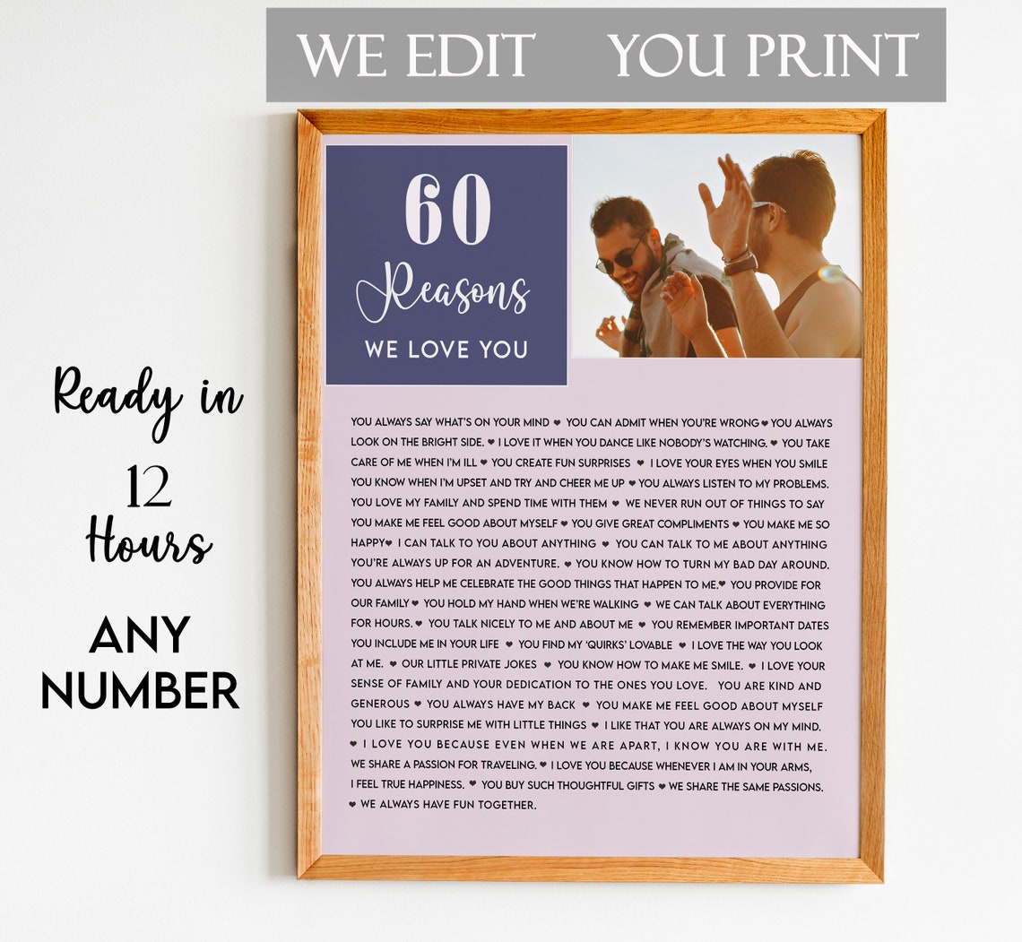 60 Reasons We Love You Navy Pink Split Photo Keepsake Poster