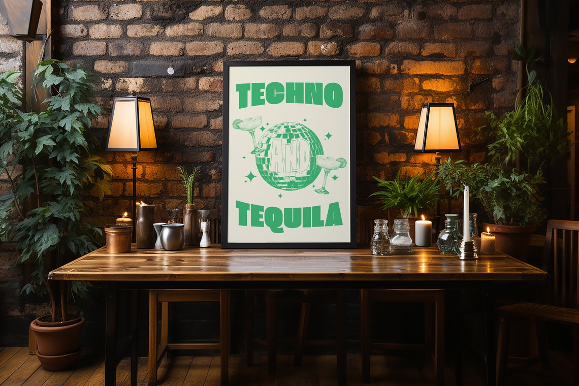 Techno and Tequila Green Disco Ball Party Drinks Wall Poster - Image 2