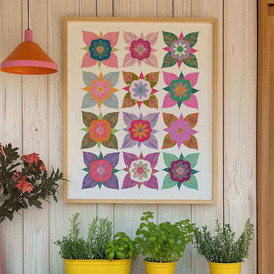 Colorful Floral Quilt Block Grid Vibrant Botanical Pattern Poster