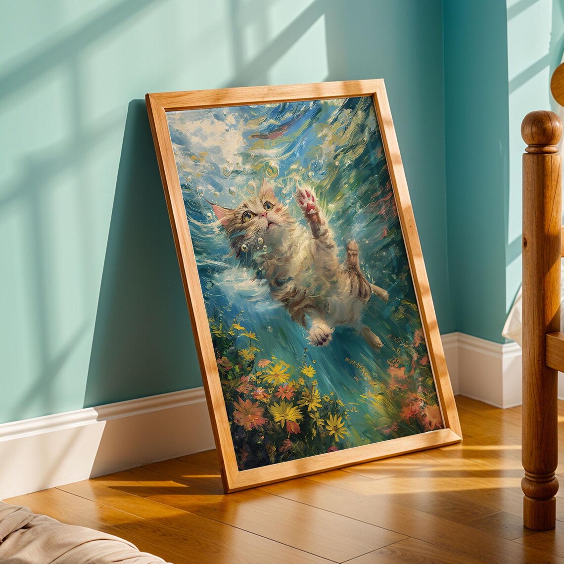 Funny Cat Swimming Underwater Among Flowers Whimsical Poster - Image 2