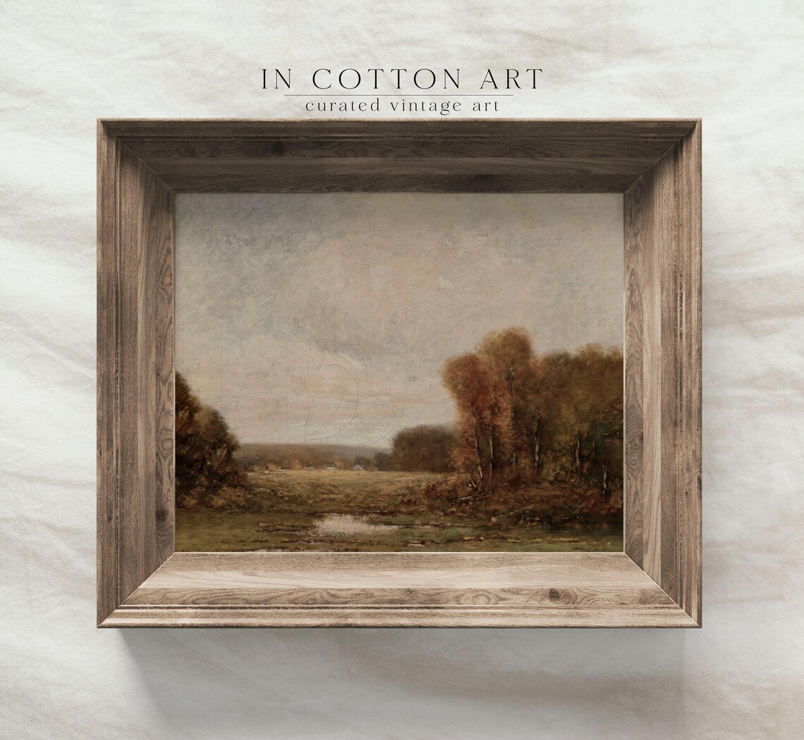 Framed Autumn Field Landscape Cottages Pond Barbizon Oil Print - Image 2