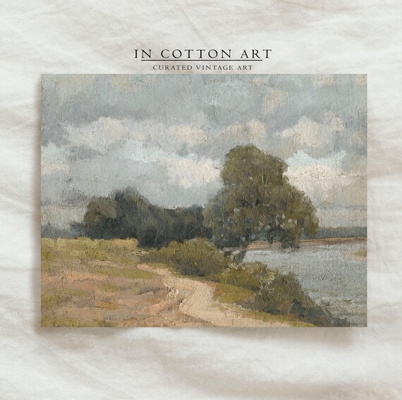 Vintage Lake House Landscape Art Print, Rustic Farmhouse