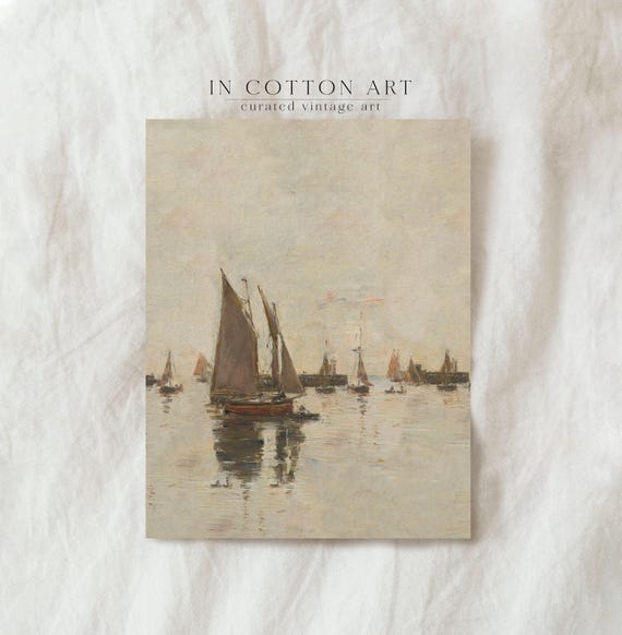 Neutral Sailboat Oil Painting, Rustic Coastal Art Print