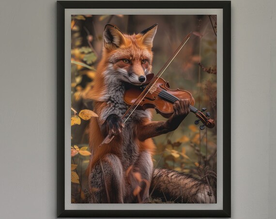 Fox Playing Violin, Cute Abstract Forest Art