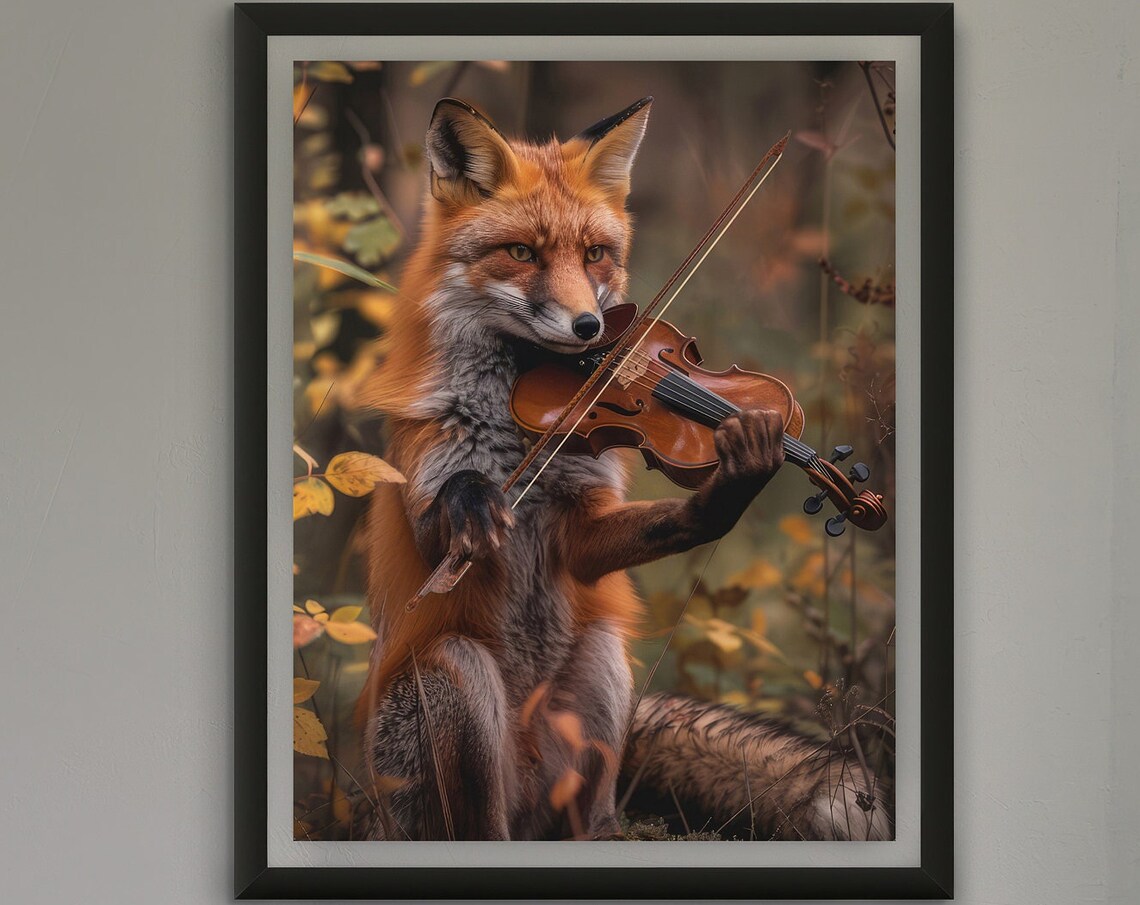 Fox Playing Violin, Cute Abstract Forest Art