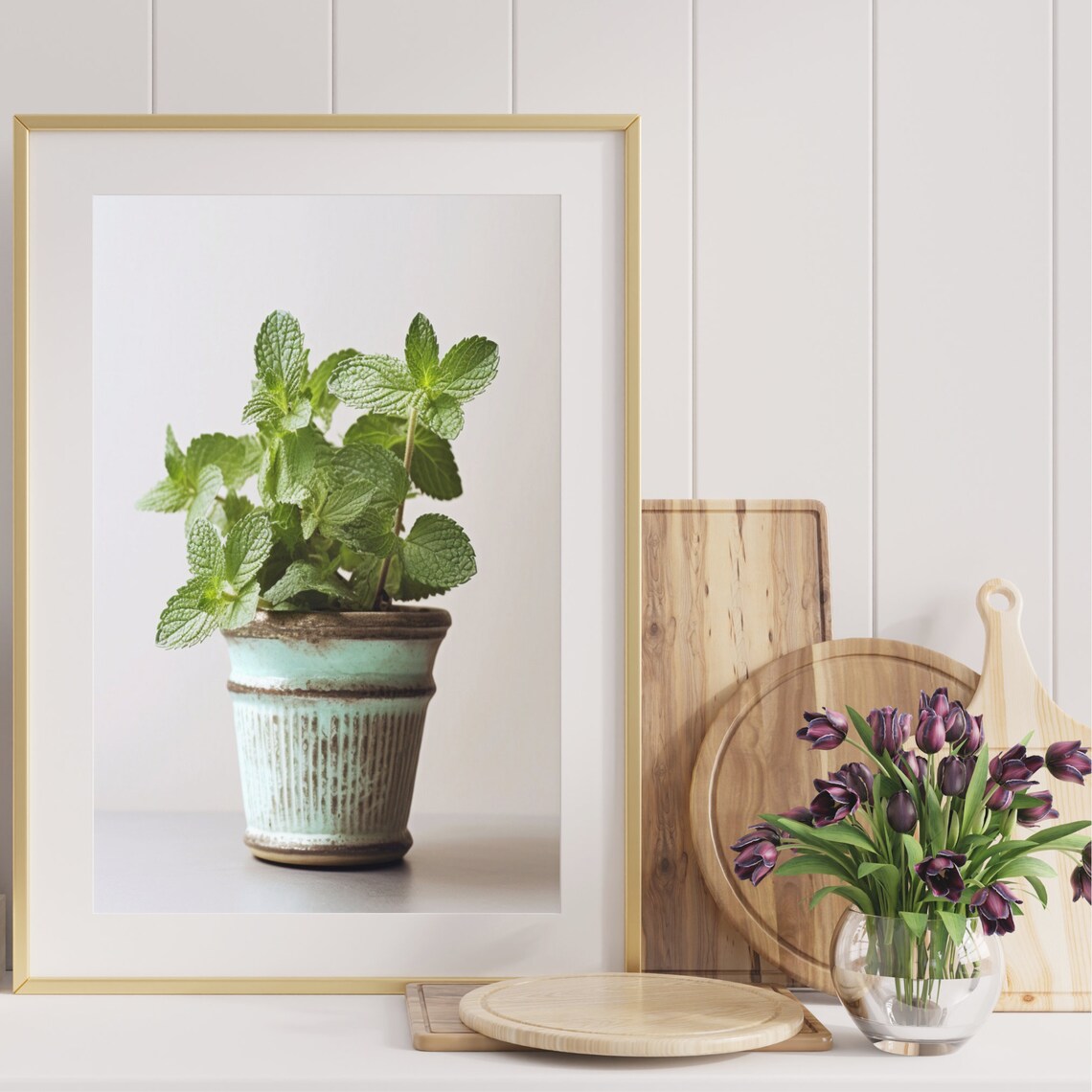 Fresh Mint Sprigs Vintage Turquoise Pot Minimalist Plant Poster - Image 4