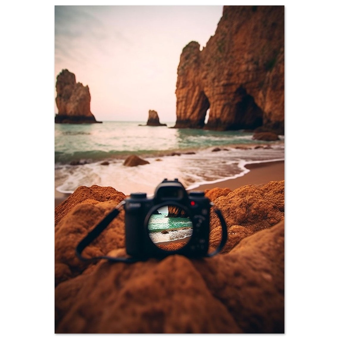 Camera On Rocky Beach At Sunset Golden Travel Photography Poster - Image 2