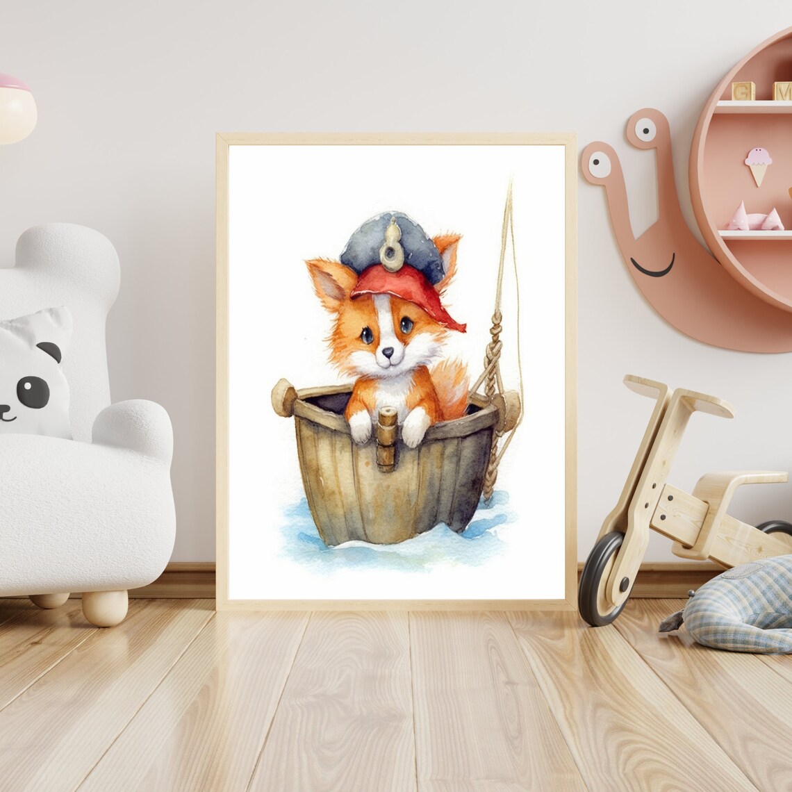 Baby Fox Sailor in Wooden Bucket Watercolor Nursery Art Poster - Image 4