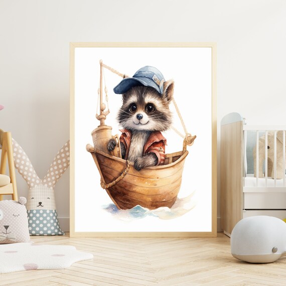 Baby Raccoon Sailor in Wooden Boat Watercolor Nursery Poster