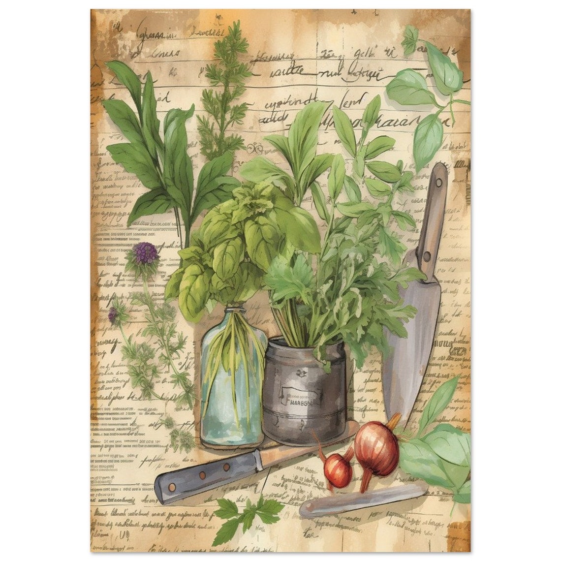 Vintage Kitchen Herbs Recipe Still Life Rustic Culinary Art Poster - Image 2