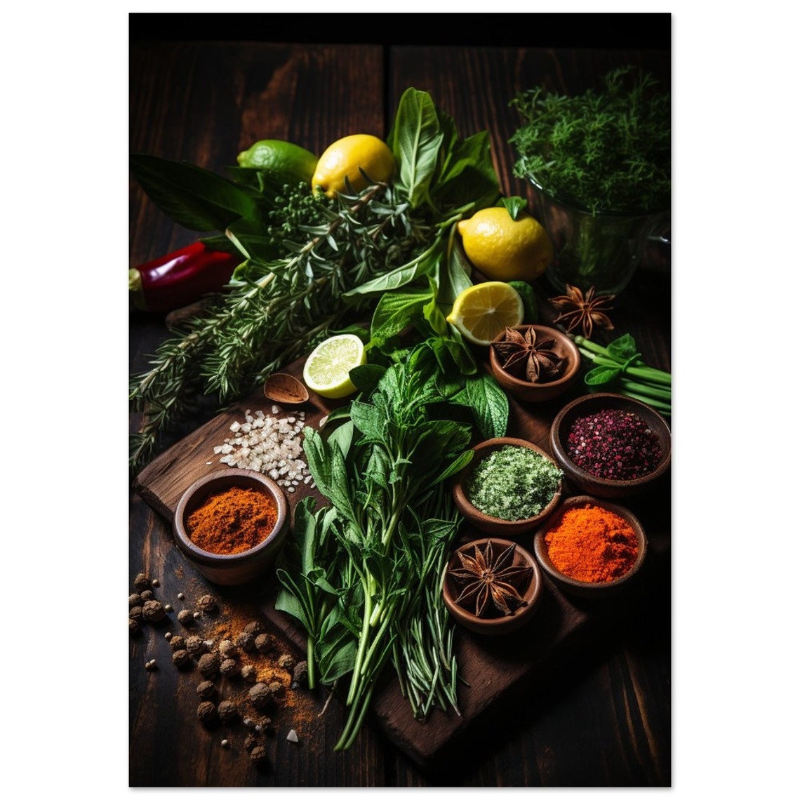 Moody Herbs Citrus Spices Peppercorns Dark Wood Kitchen Poster - Image 2