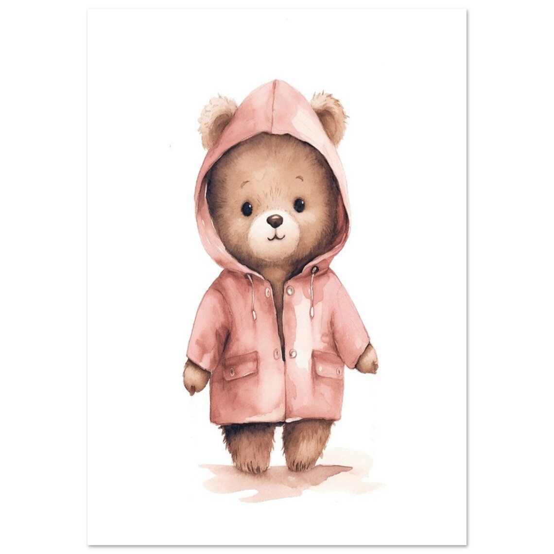 Cute Little Baby Bear In Pink Raincoat Watercolor Nursery Poster - Image 2