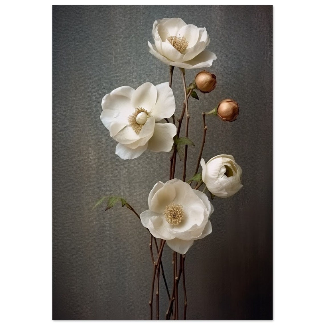 Elegant White Flowers on Dark Background Moody Floral Art Poster - Image 2
