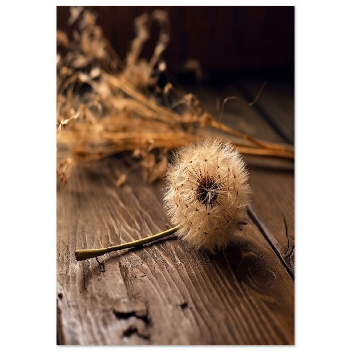 Lone Dandelion Seed Head On Dark Wood Moody Botanical Photography Print - Image 2