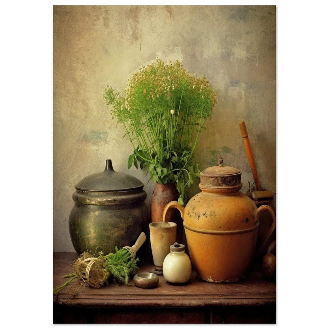 Rustic Pottery Jars Green Herbs Vintage Still Life Wall Poster - Image 2