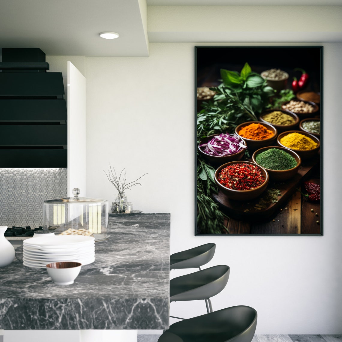 Colorful Spice Bowls Fresh Herbs Rustic Wooden Table Art Poster - Image 3