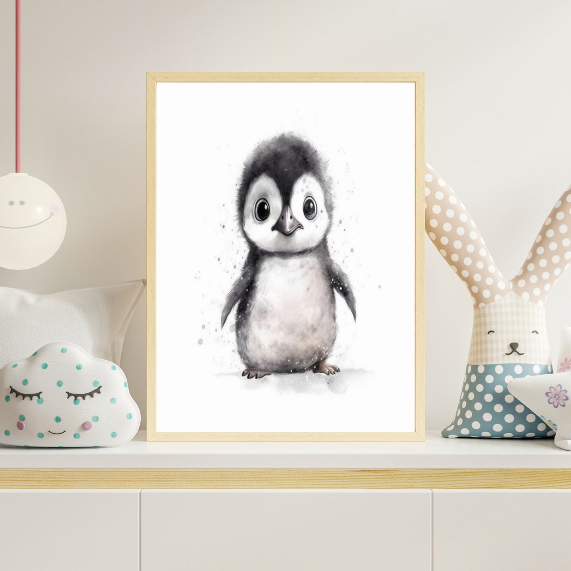 Black and White Baby Penguin Watercolor Portrait Nursery Art Poster - Image 4