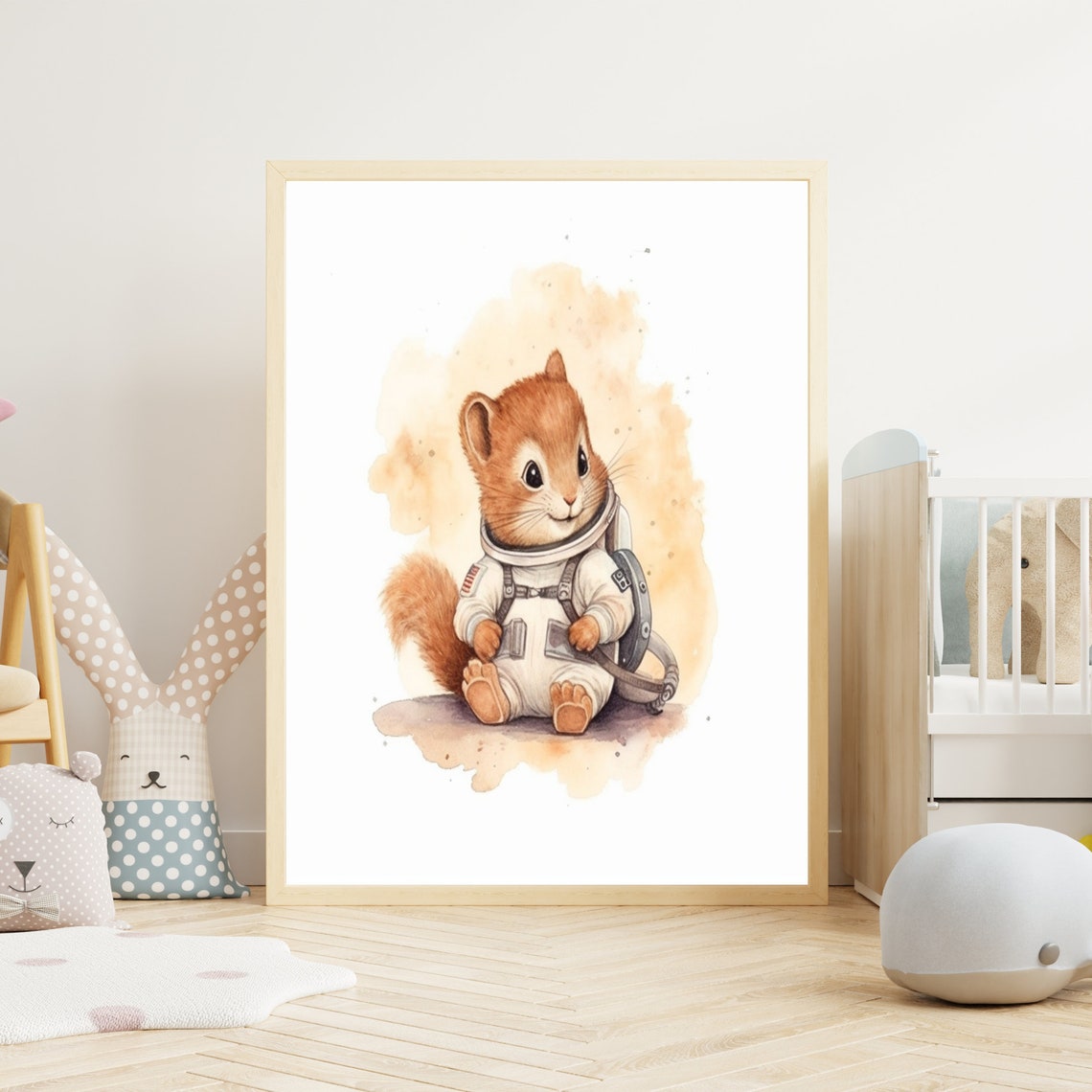 Cute Baby Squirrel Astronaut Watercolor Space Nursery Art Poster