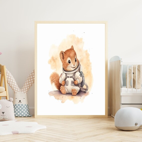 Cute Baby Squirrel Astronaut Watercolor Space Nursery Art Poster