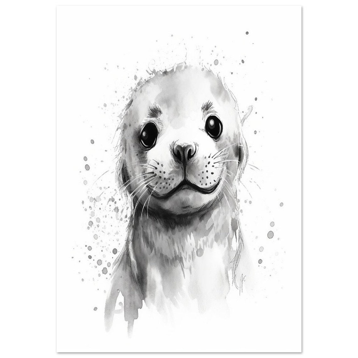 Baby Sea Lion Face Black And White Watercolor Nursery Poster - Image 2