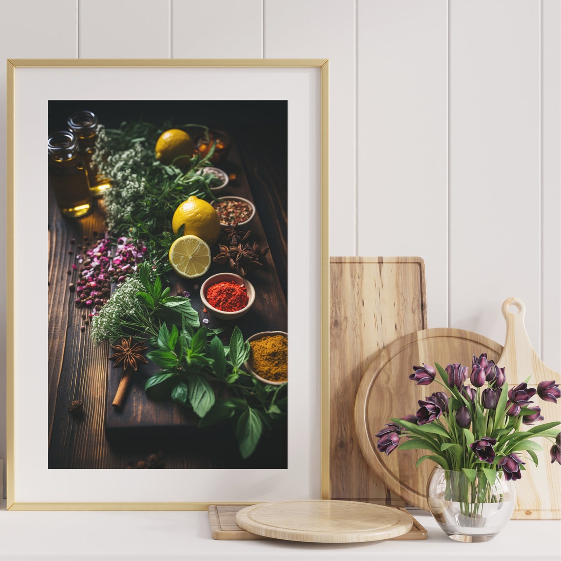 Moody Herbs Lemons Spices Oils Rustic Dark Wood Still Life Poster - Image 4