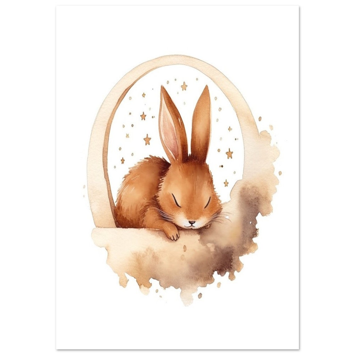 Sleeping Bunny on Crescent Moon Stars Watercolor Nursery Poster - Image 2