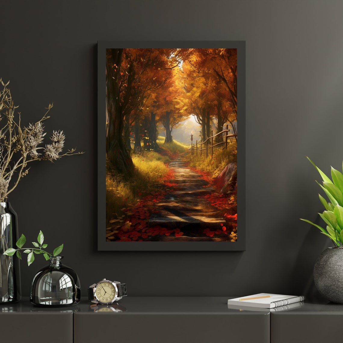 Autumn Forest Path With Stone Steps Fall Leaves Golden Light Poster - Image 4
