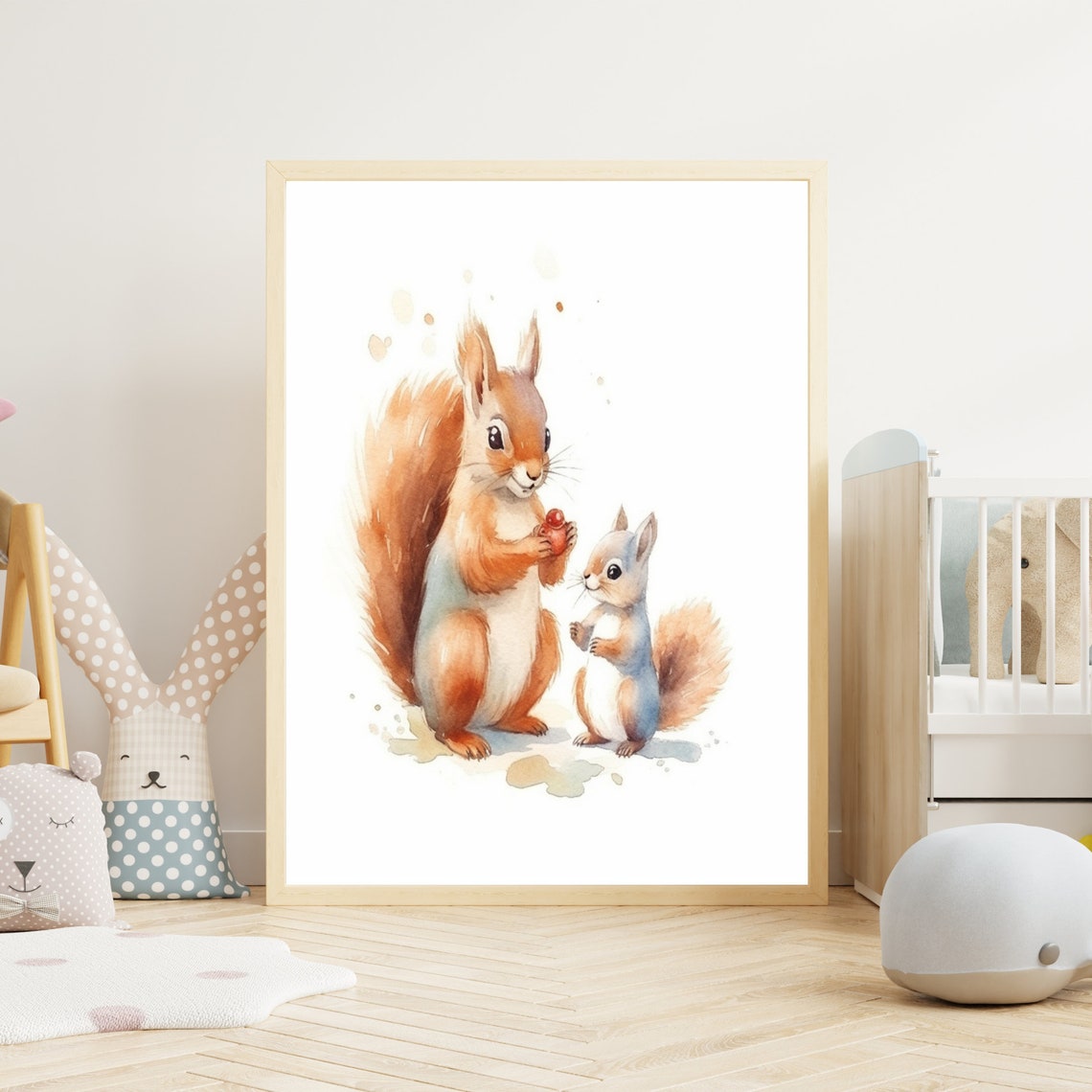 Cute Adult And Baby Squirrels Sharing Berry Watercolor Nursery Poster