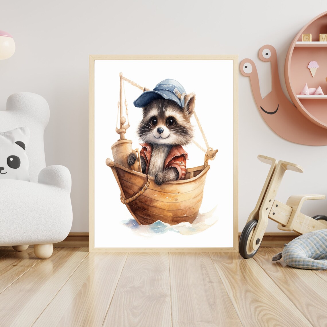 Baby Raccoon Sailor in Wooden Boat Watercolor Nursery Poster - Image 4